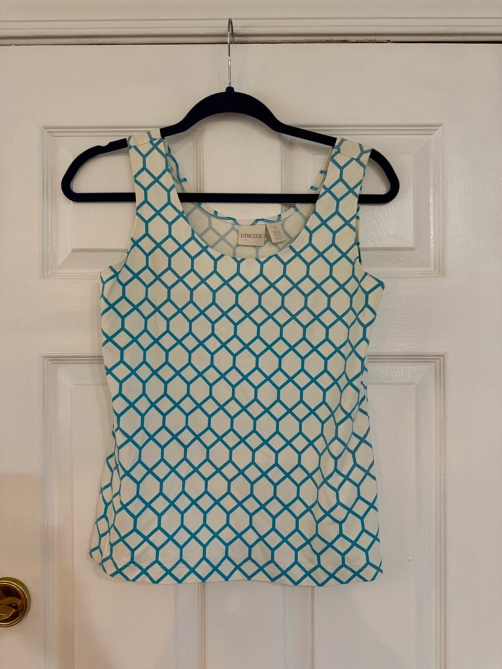Chico's White and Teal Geometric Scoop Neck Tank